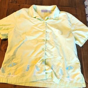 Jane Ashley Lime Green Beach Print Cotton Collared Button Down Shirt Sz Large